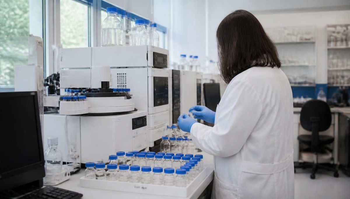 Analista de laboratório manipulando frascos de amostra de água ao lado de equipamentos analíticos